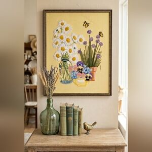 70s Vintage Crewel Embroidery Wall Art, 24"x19" Three Pots of Flowers